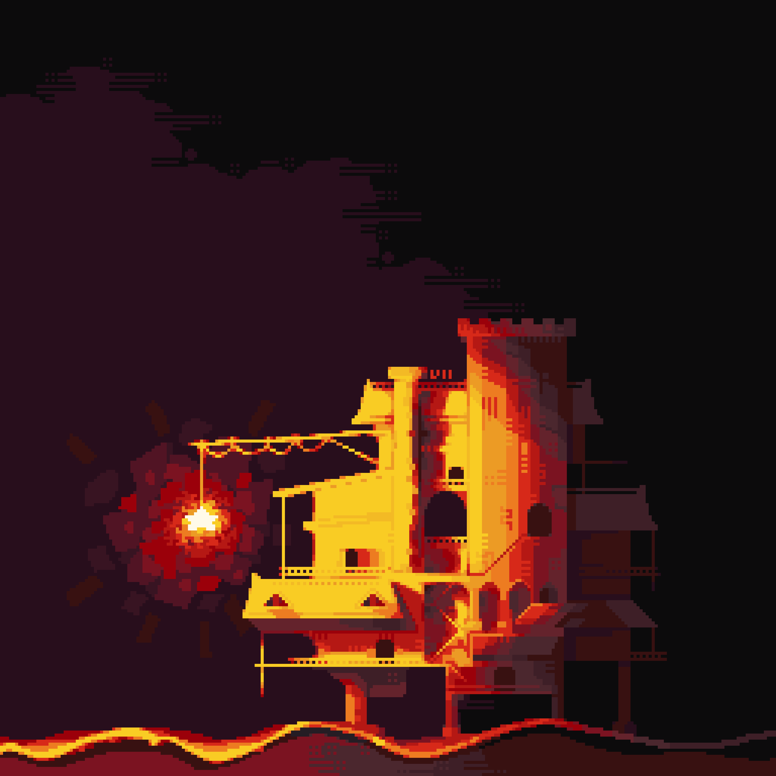 original, absurdres, highres, awning, building, dark, fence, lamp, night, no humans, oil rig, outdoors, painterly, pixel art, scenery, ventiquepxl, waves