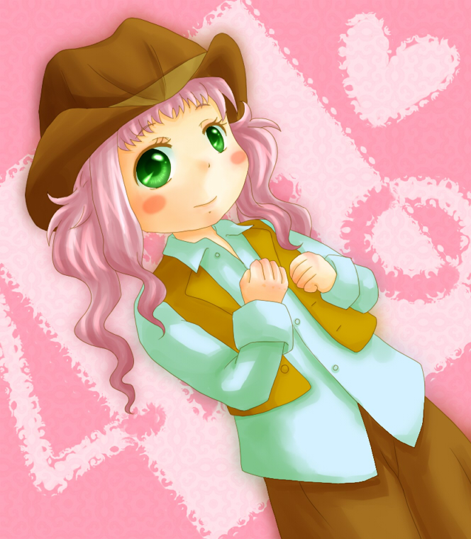 suzutou, lirio, el cazador de la bruja, bad id, bad pixiv id, 00s, blush, cowboy hat, cowboy western, green eyes, hat, pink hair, solo