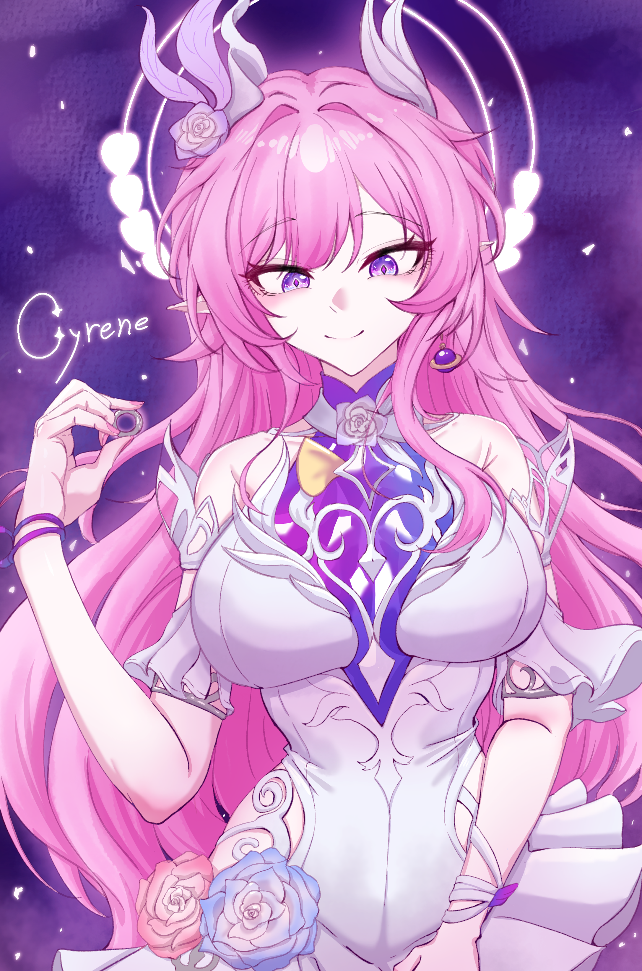 cyrene (honkai: star rail), cyrene (ripples of past reverie) (honkai: star rail), honkai: star rail, honkai (series), absurdres, commentary request, highres, korean commentary, 1girl, bare shoulders, breasts, character name, diamond-shaped pupils, diamond (shape), dress, earrings, flower, hair flower, hair ornament, halo, holding, holding jewelry, holding ring, jewelry, large breasts, long hair, minpyeong, pink hair, pointy ears, purple eyes, ring, sky, smile, solo, star (sky), starry sky, symbol-shaped pupils, very long hair, white dress