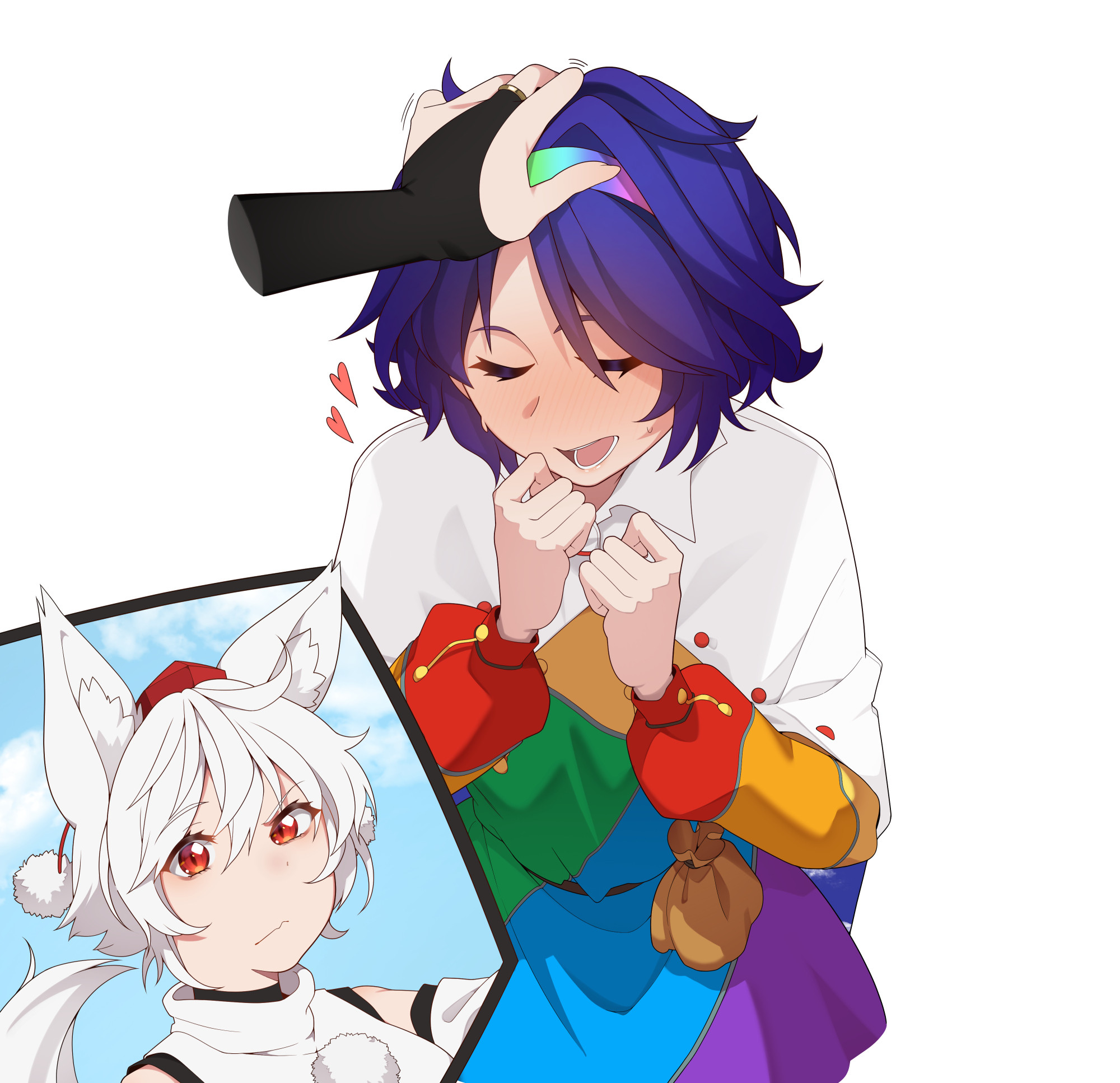 umisaki, inubashiri momiji, tenkyuu chimata, touhou, commentary, english commentary, highres, :/, animal ears, bag, black bridal gauntlets, blue hair, bridal gauntlets, cape, closed eyes, closed mouth, disembodied hand, hairband, hat, headpat, heart, long sleeves, looking at viewer, multicolored hairband, red eyes, red hat, short hair, tokin hat, white background, white cape, white hair, wolf ears, wolf girl