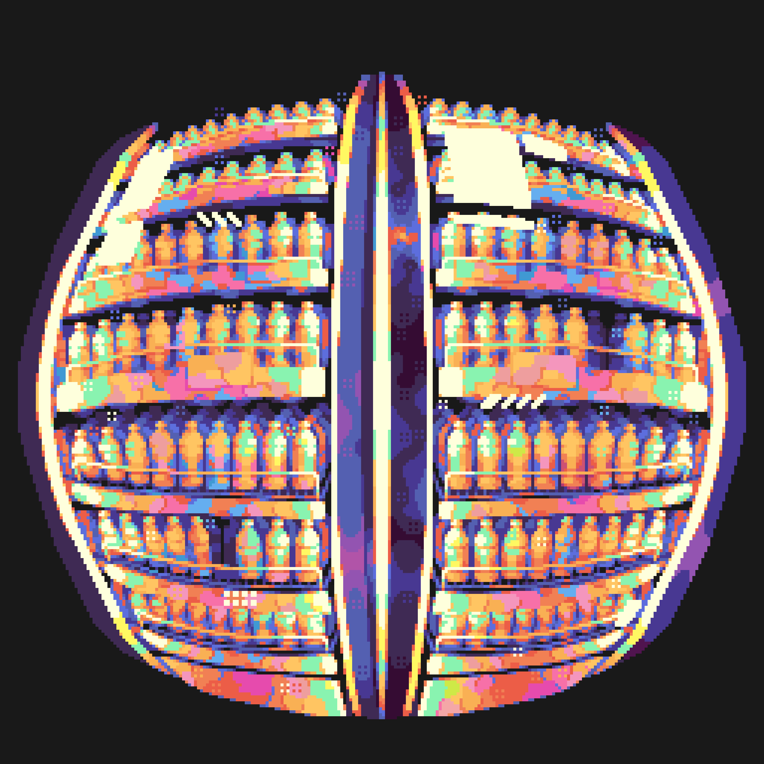 original, absurdres, highres, black background, bottle, fisheye, indoors, no humans, pixel art, saturated, scenery, shelf, simple background, ventiquepxl