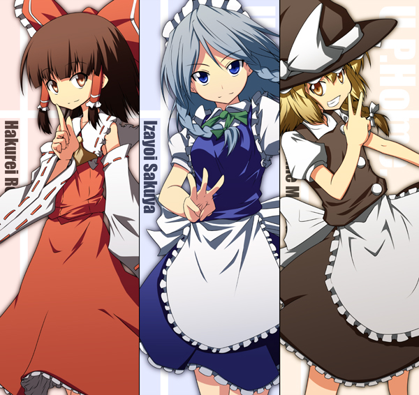 hazumi otoya, hakurei reimu, izayoi sakuya, kirisame marisa, touhou, hand gesture, >:d, 3girls, :d, apron, bare shoulders, black skirt, black vest, blonde hair, blue dress, bow, braid, brown hair, character name, clenched teeth, detached sleeves, dress, female focus, finger to mouth, green bow, hair bow, hair tubes, hat, hat bow, long sleeves, maid, maid apron, maid headdress, multiple girls, open mouth, puffy short sleeves, puffy sleeves, red bow, red skirt, red vest, ribbon-trimmed sleeves, ribbon trim, shirt, short sleeves, shushing, skirt, smile, teeth, twin braids, v, v-shaped eyebrows, vest, waist apron, white bow, white shirt, witch hat