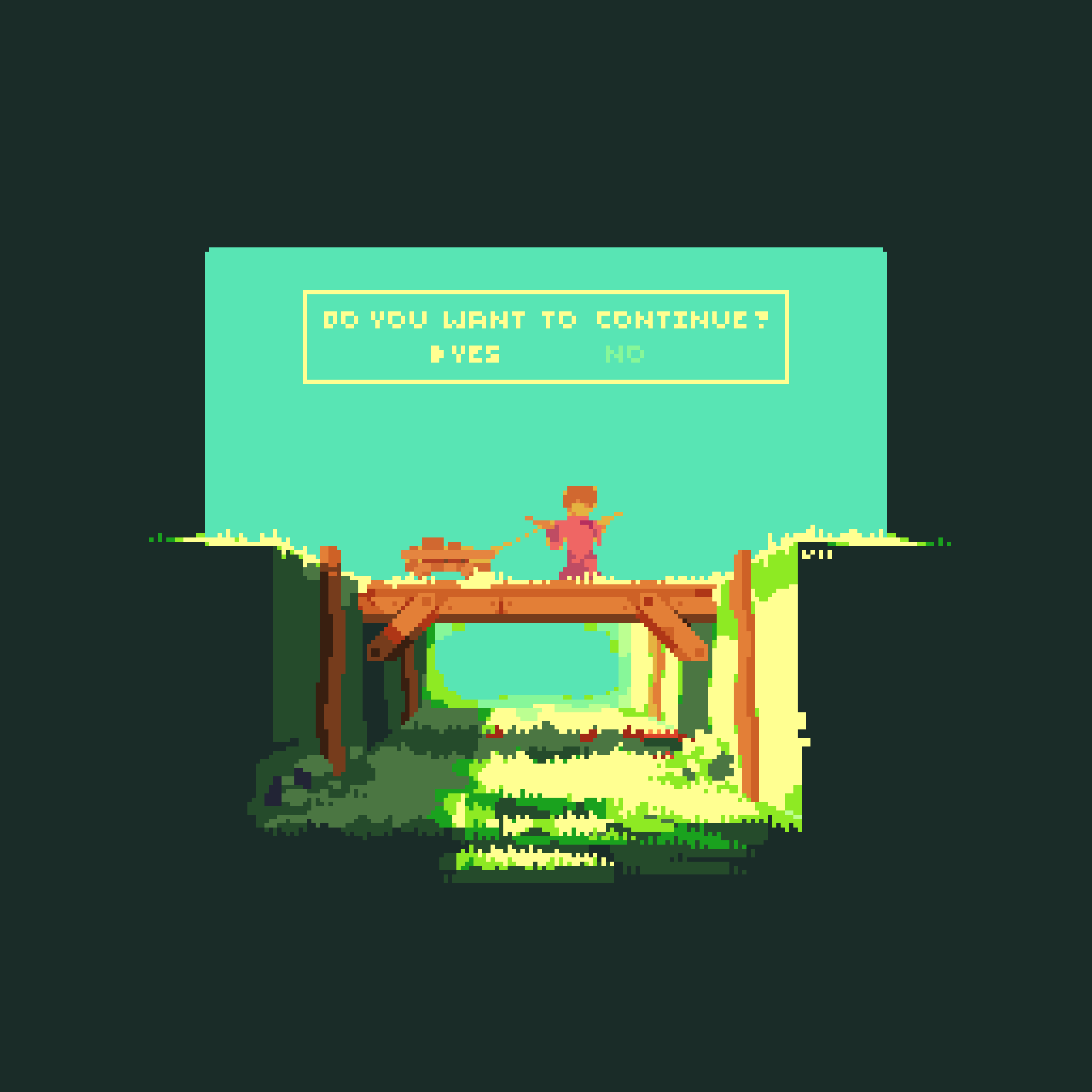 original, absurdres, highres, 1other, bridge, day, dialogue box, dialogue options, faceless, green theme, outdoors, pixel art, pulling, scenery, solo, ventiquepxl, wagon, walking, wooden bridge