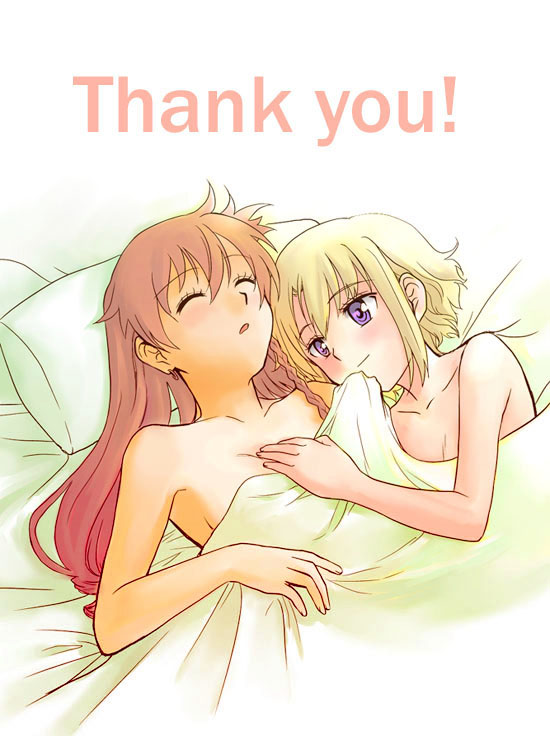 niina ryou, ellis, ellis (el cazador de la bruja), nadie, el cazador de la bruja, bad id, bad pixiv id, 00s, 2girls, afterglow, aftersex, bed, bed sheet, blonde hair, blue eyes, cuddling, female focus, grabbing another's breast, groping, long hair, lying, multiple girls, naked sheet, nude, pillow, red hair, shared blanket, short hair, sleeping, thank you, under covers, yuri