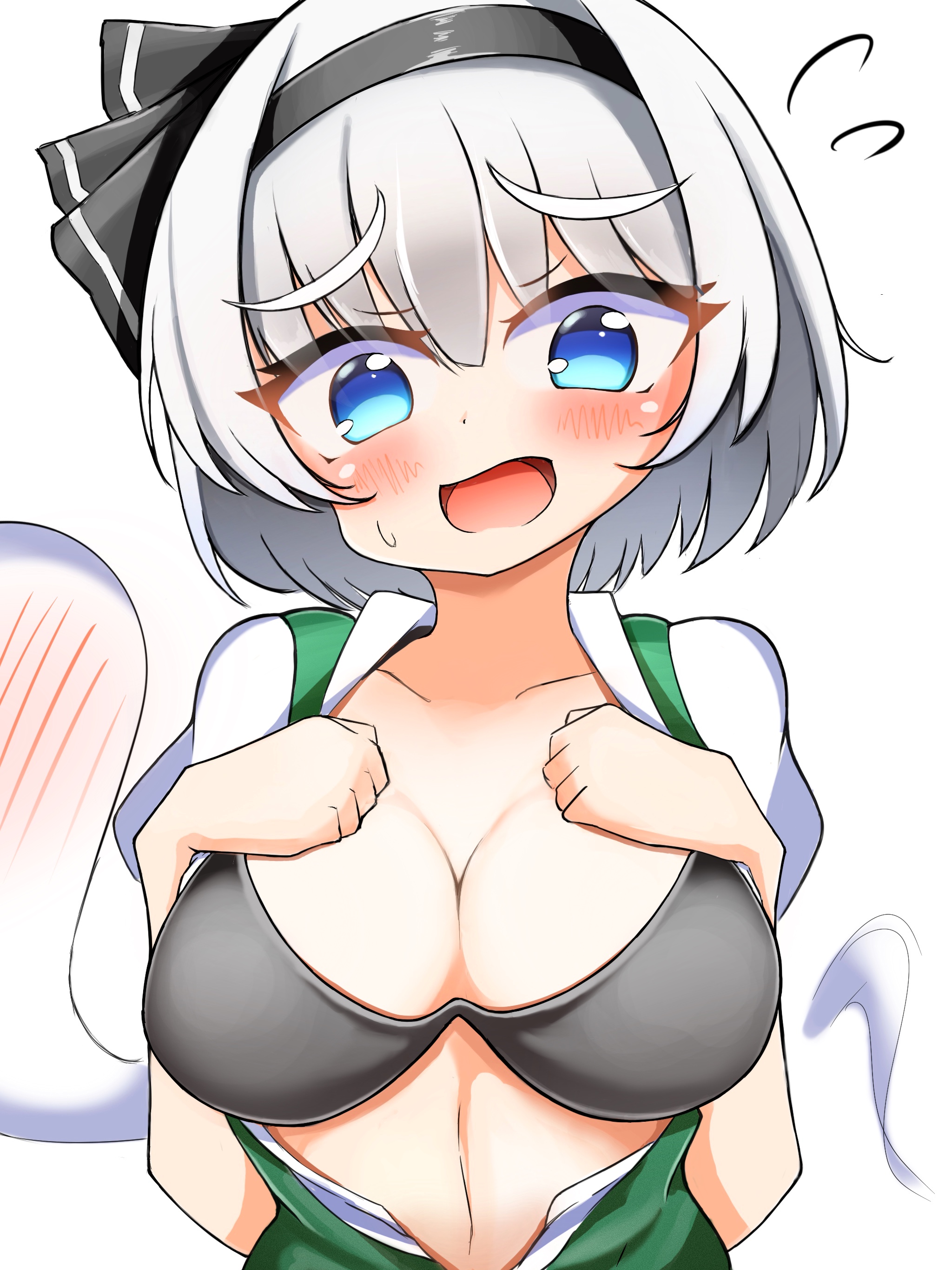 gyuta, konpaku youmu, konpaku youmu (ghost), touhou, absurdres, commentary, highres, variant set, 1girl, black bra, black hairband, blue eyes, blush, bra, breasts, cleavage, flying sweatdrops, ghost, grey hair, hairband, large breasts, navel, open mouth, shirt, short hair, simple background, solo, sweat, underwear, upper body, white background, white shirt