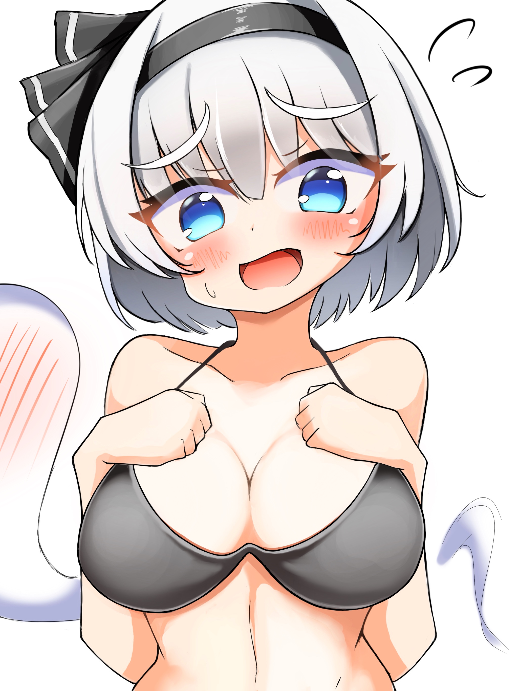 gyuta, konpaku youmu, konpaku youmu (ghost), touhou, absurdres, commentary, highres, variant set, 1girl, black bra, black hairband, blue eyes, blush, bra, breasts, cleavage, flying sweatdrops, ghost, grey hair, hairband, large breasts, navel, open mouth, short hair, simple background, solo, sweat, underwear, upper body, white background