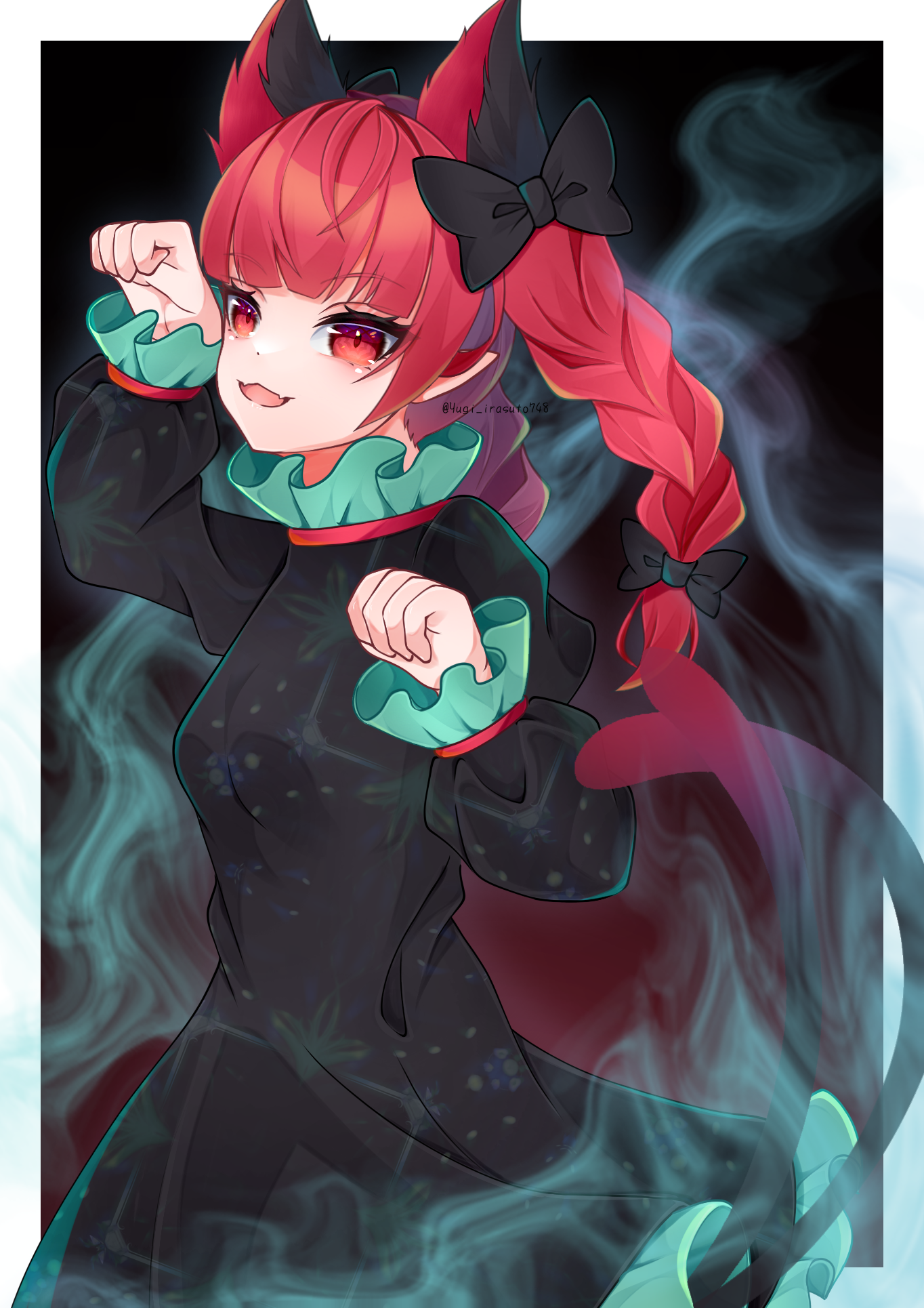 munari yugi, kaenbyou rin, touhou, highres, 1girl, :3, :d, animal ears, black background, black dress, border, braid, cat ears, cat girl, clenched hands, dress, extra ears, long hair, long sleeves, open mouth, paw pose, poi, red eyes, red hair, side braid, simple background, smile, solo, twin braids, white border