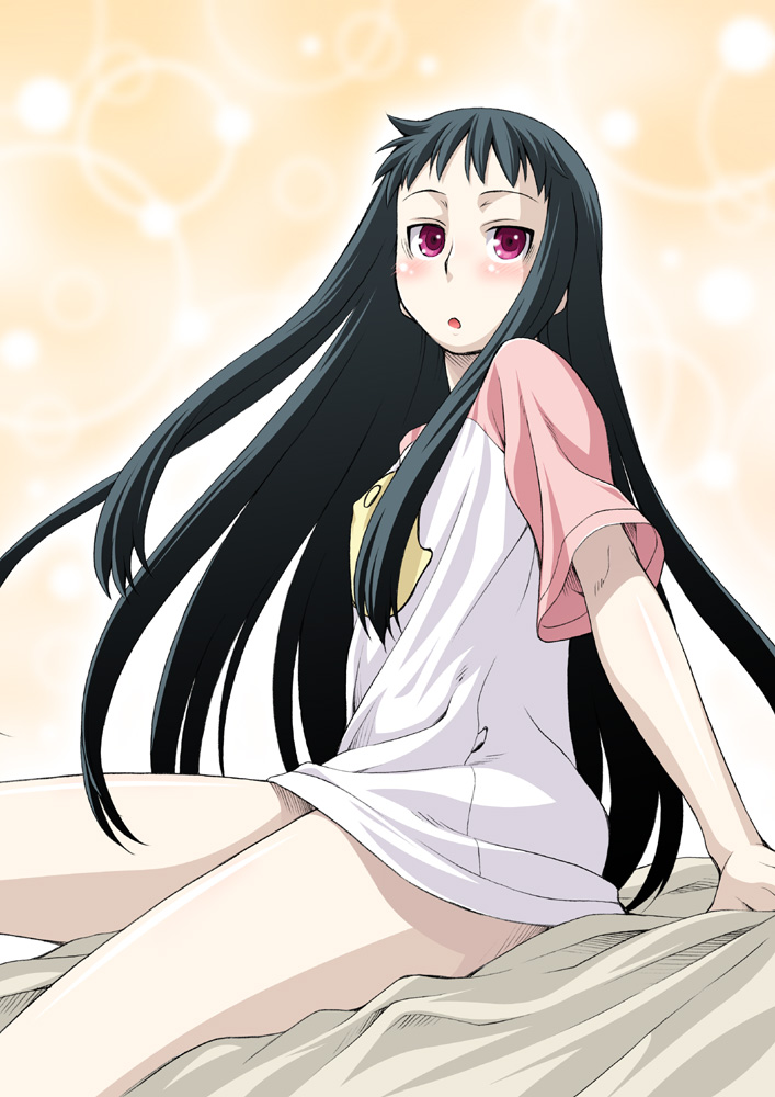 kouda tomohiro, jakuri (ar tonelico), ar tonelico, ar tonelico ii, gust, 00s, 1girl, bed, black hair, blush, bottomless, female focus, legs, long hair, naked shirt, no pants, open mouth, purple eyes, raglan sleeves, red eyes, shirt, sitting, solo, t-shirt