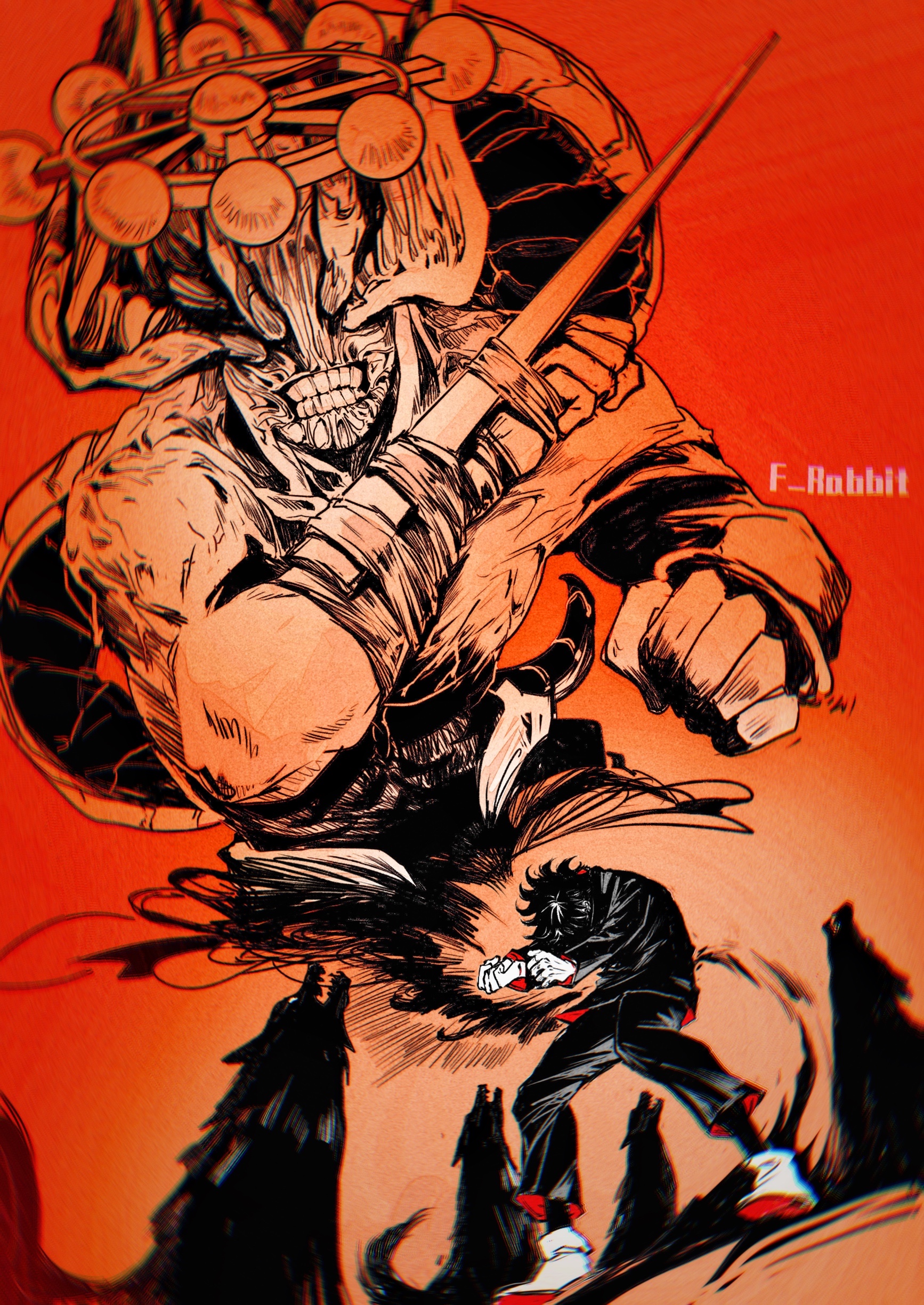 f rabbit, fushiguro megumi, mahoraga (jujutsu kaisen), jujutsu kaisen, absurdres, commentary request, highres, 1boy, 1other, artist name, eight-handed wheel, four eyes, grin, gyokuken, head tail, jujutsu tech uniform, monster, muscular, muscular other, shikigami, smile, spot color, sword of extermination, upper body, wheel of dharma, wings as eyes, wolf
