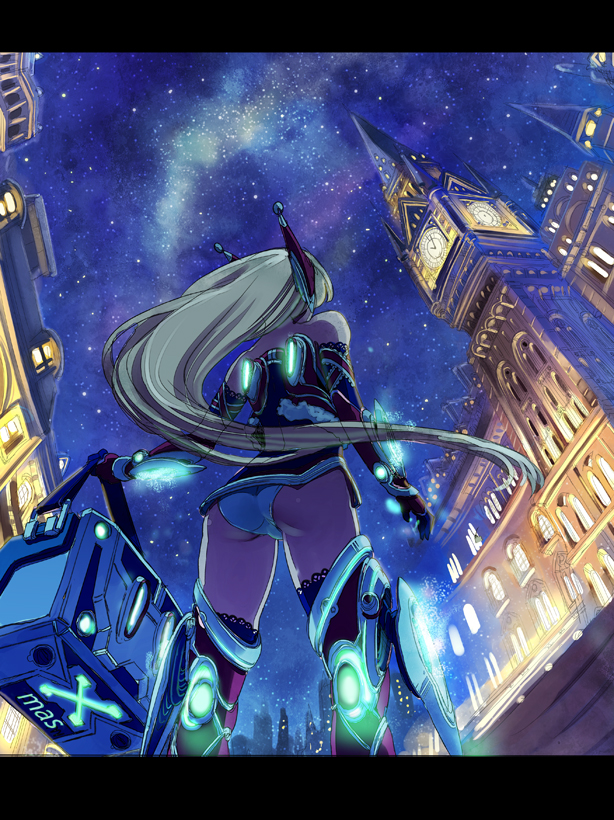 yahako, original, bad id, bad pixiv id, ass, long hair, panties, sky, solo, star (sky), star (symbol), starry sky, thighhighs, underwear