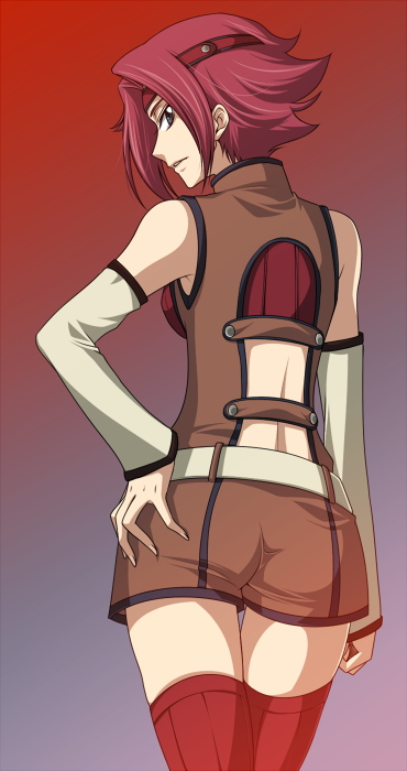 kouzuki kallen, code geass, non-web source, 00s, 1girl, back, bare shoulders, detached sleeves, female focus, looking back, sleeveless, sleeveless turtleneck, solo, thighhighs, turtleneck