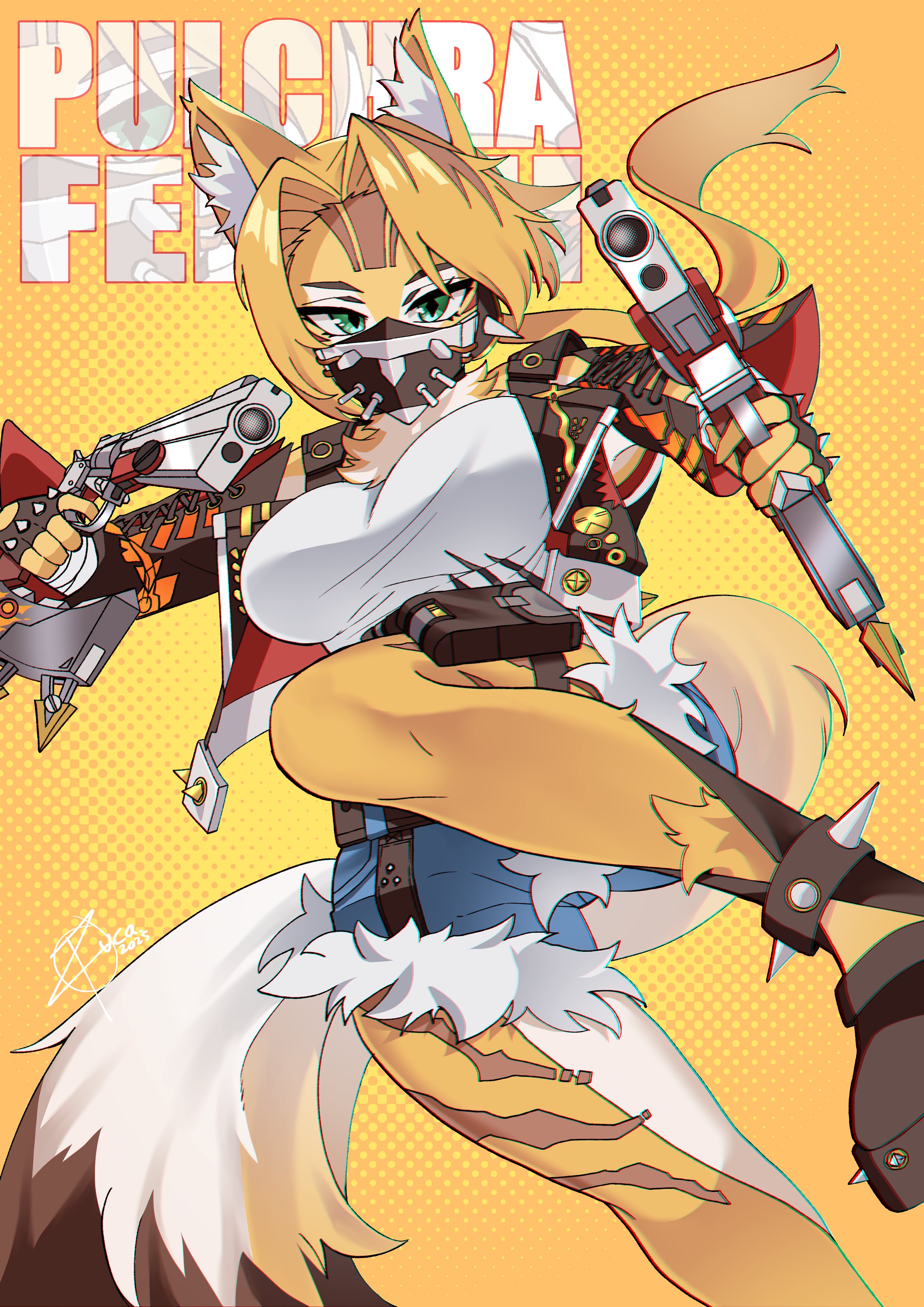 toszuca, pulchra fellini, zenless zone zero, absurdres, commentary, commission, english commentary, highres, 1girl, animal ear fluff, animal ears, black jacket, black mask, black shoes, blonde hair, blue shorts, body fur, breasts, cat ears, cat girl, cat tail, character name, cropped jacket, fingerless gloves, gloves, green eyes, gun, holding, holding gun, holding weapon, jacket, large breasts, long hair, looking at viewer, parted bangs, ponytail, shirt, shoes, shorts, solo, tail, weapon, white shirt, yellow background, yellow fur