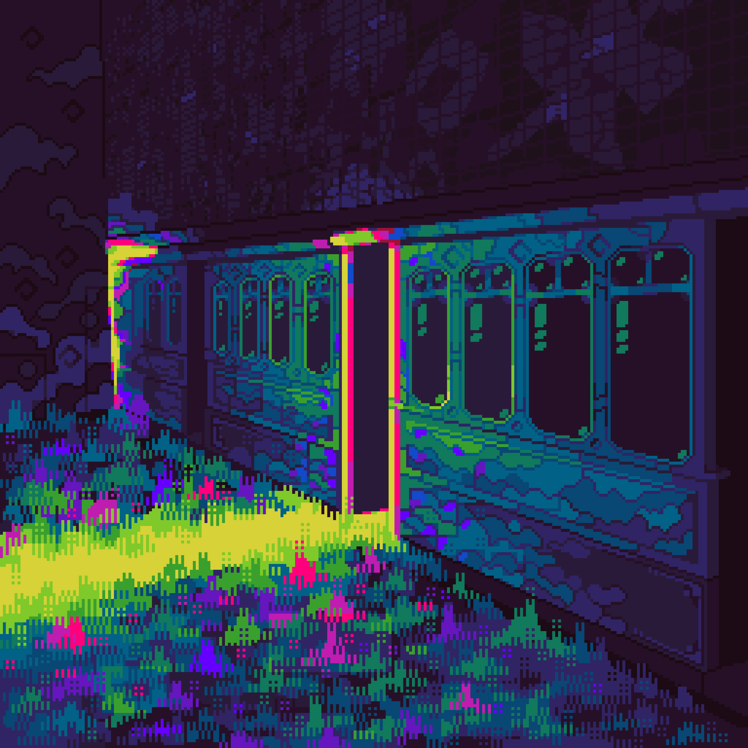 original, absurdres, highres, abandoned, broken glass, column, crack of light, dark, dim lighting, doorway, glass, grass, no humans, outdoors, pillar, pixel art, ruins, train, ventiquepxl, window