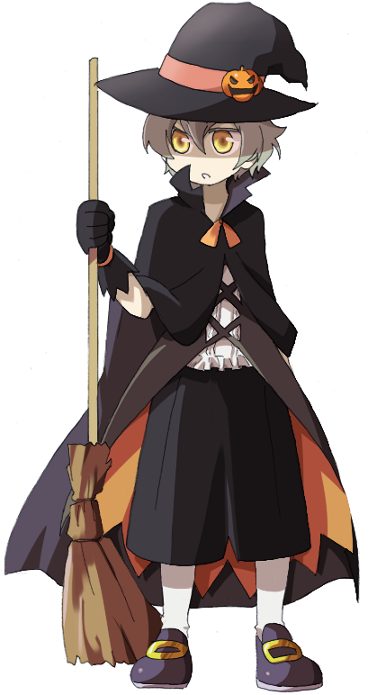 toyama96, l.a., el cazador de la bruja, 00s, 1boy, blonde hair, broom, cape, full body, gloves, halloween, hat, male focus, short hair, simple background, solo, white background, witch hat, yellow eyes
