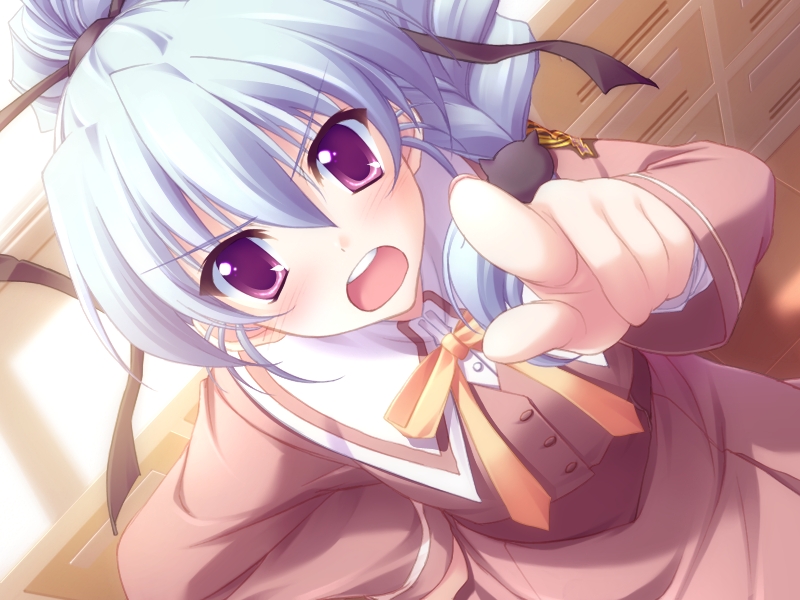 fujinami tomoko, canvas (cocktail soft), canvas 2, non-web source, 00s, angry, blue hair, braid, dress, long hair, pointing, ponytail, purple eyes, solo