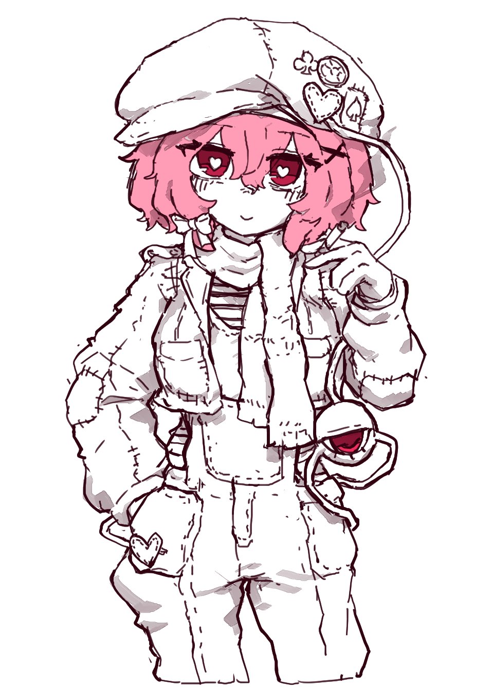 rampa93, komeiji satori, touhou, highres, 1girl, alternate costume, bow, closed mouth, hair bow, hair ornament, hand in pocket, heart, heart-shaped pupils, long sleeves, looking at viewer, pants, partially colored, pink eyes, pink hair, scarf, short hair, smile, solo, symbol-shaped pupils, third eye, x hair ornament