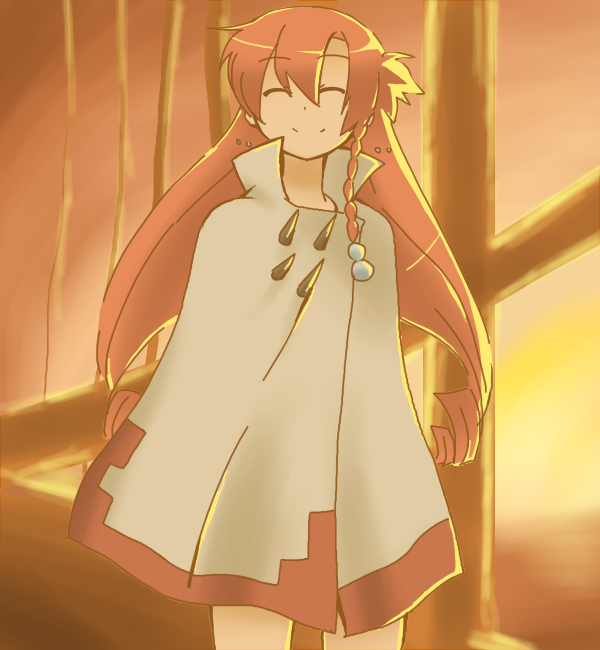 toyama96, nadie, el cazador de la bruja, 00s, 1girl, asymmetrical hair, braid, cape, female focus, long hair, mexico, red hair, smile, solo