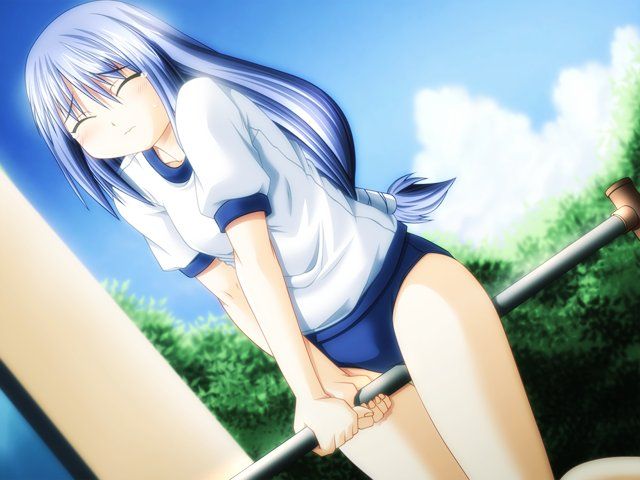 kannuki yoake, samura yoko, nemurenu monotachi e, game cg, non-web source, source request, 1girl, blue hair, blush, buruma, bush, closed eyes, cloud, crotch rub, crotch rubbing against pole, day, dutch angle, embarrassed, female focus, grinding, gym uniform, horizontal bar, horizontal pole rub, long hair, outdoors, pole grind, ponytail, sexually suggestive, sky, solo, tree, underwear, vegetation, very long hair
