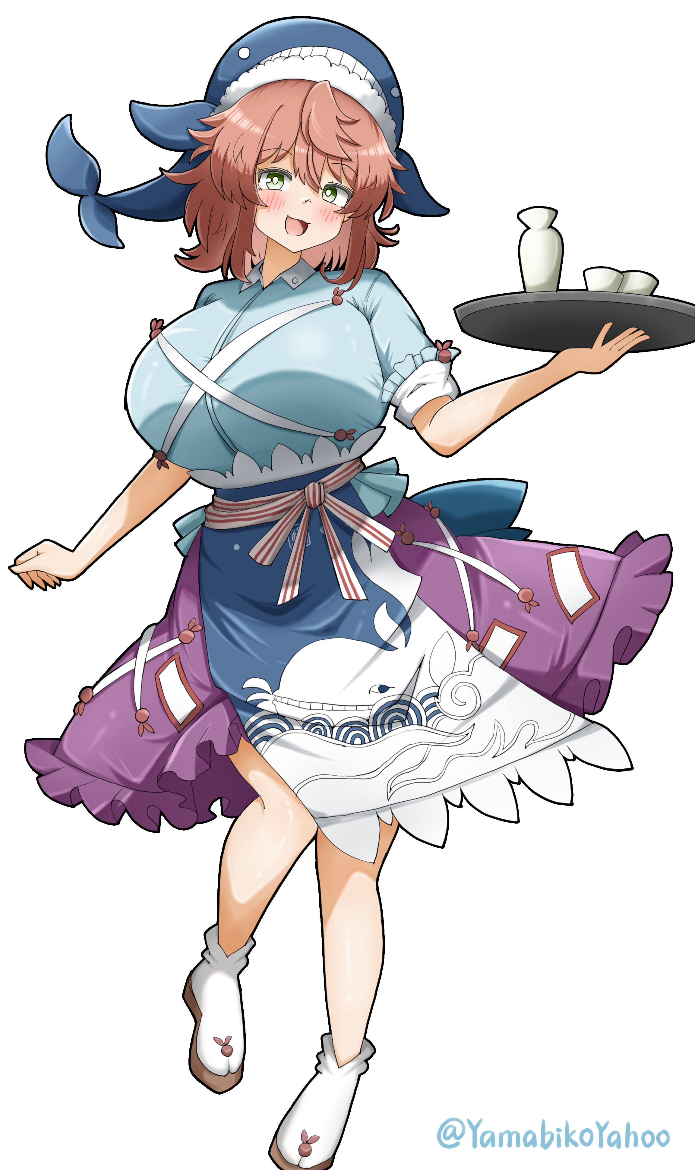 yamabikoyahoo, okunoda miyoi, touhou, absurdres, hashtag-only commentary, highres, variant set, 1girl, :3, :d, animal print, apron, blue apron, blue hat, blush, breasts, bright pupils, cross-laced clothes, fish print, full body, green eyes, hat, holding, holding tray, huge breasts, looking at viewer, medium hair, open mouth, pink hair, purple skirt, short sleeves, simple background, skirt, smile, socks, solo, tokkuri, tray, twitter username, whale hat, whale print, white background, white pupils, white socks