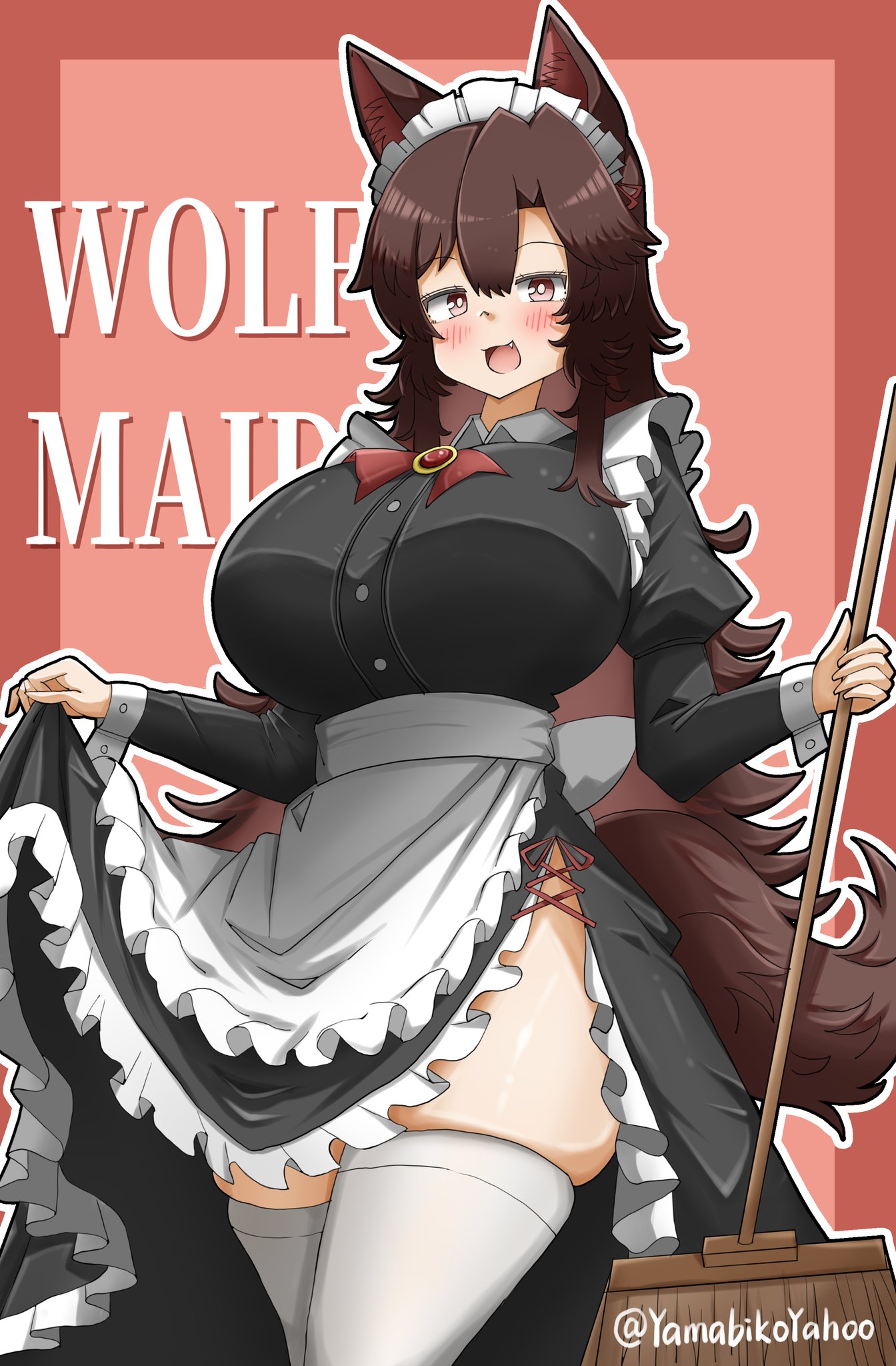yamabikoyahoo, imaizumi kagerou, touhou, highres, 1girl, :3, :d, animal ears, apron, black dress, blush, breasts, bright pupils, broom, brown hair, curvy, dress, holding, holding broom, huge breasts, juliet sleeves, long hair, long sleeves, looking at viewer, maid, maid headdress, open mouth, outline, puffy sleeves, red background, red eyes, skindentation, smile, solo, tail, thighhighs, waist apron, white apron, white outline, white pupils, white thighhighs, wolf ears, wolf girl, wolf tail
