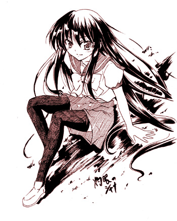 shana, shakugan no shana, lowres, non-web source, 00s, 1girl, black hair, female focus, long hair, monochrome, red theme, school uniform, solo, thighhighs
