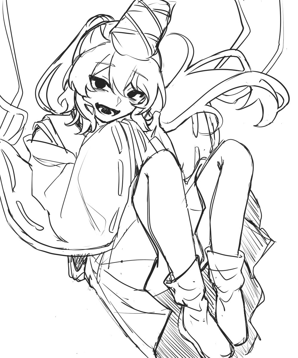 mononobe no futo, touhou, highres, 1girl, full body, greyscale, japanese clothes, kariginu, long hair, looking at viewer, monochrome, open mouth, ponytail, ribbon-trimmed sleeves, ribbon trim, sakatuki 07, shoes, simple background, solo, wide sleeves