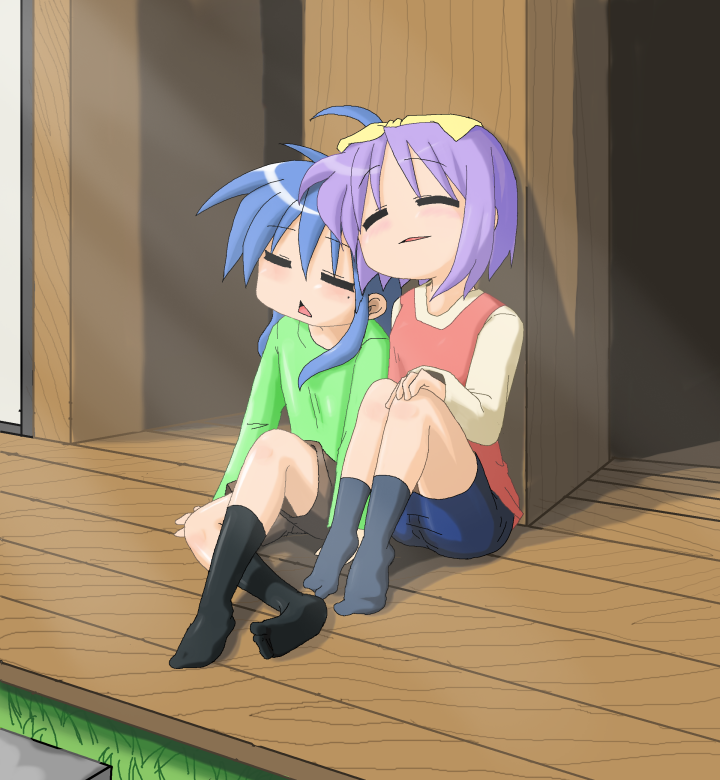 hiiragi tsukasa, izumi konata, lucky star, black legwear, grey legwear, non-web source, 00s, 2girls, ahoge, blue hair, feet, long hair, mole, mole under eye, multiple girls, purple hair, short hair, sleeping, socks, twintails