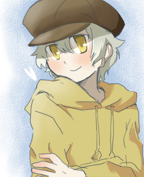 toyama96, l.a., el cazador de la bruja, bad id, bad pixiv id, 00s, 1boy, blonde hair, hat, hood, hoodie, male focus, newsboy cap, short hair, smile, solo, yellow eyes