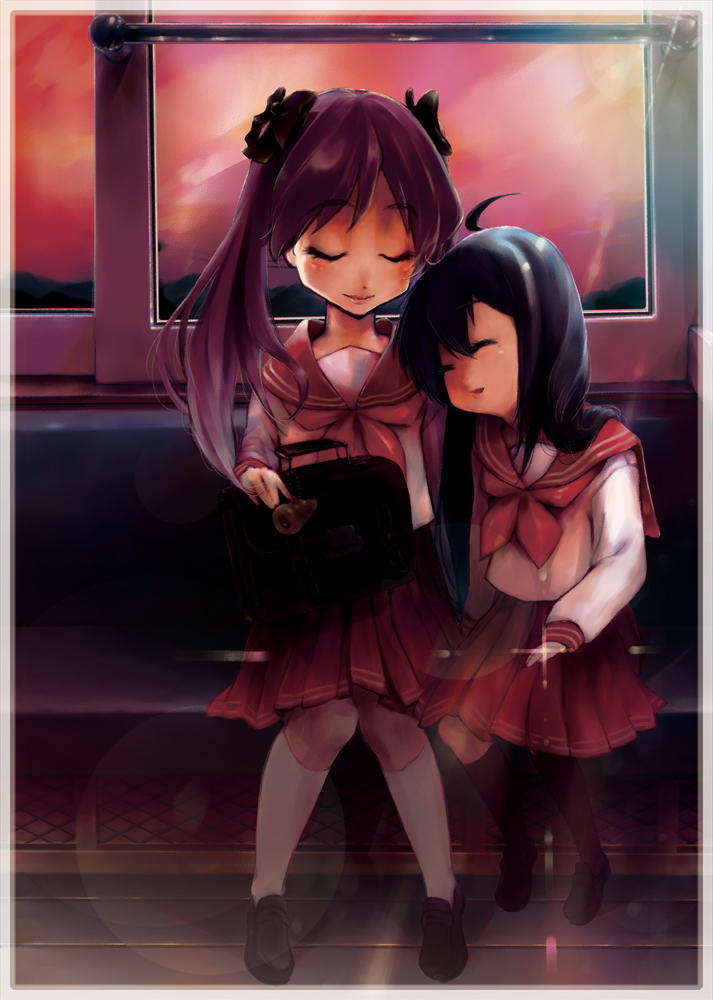 mimiko (amama), hiiragi kagami, izumi konata, lucky star, md5 mismatch, resolution mismatch, source smaller, 00s, 2girls, ahoge, back cover, black socks, blue hair, blush, chocolate cornet, closed eyes, cover, eyelashes, food, hair ribbon, kneehighs, lips, long hair, mole, multiple girls, pleated skirt, purple hair, ribbon, school uniform, serafuku, skirt, sky, sleeping, sleeping upright, smile, socks, sunset, train, train interior, twintails, white socks, yuri
