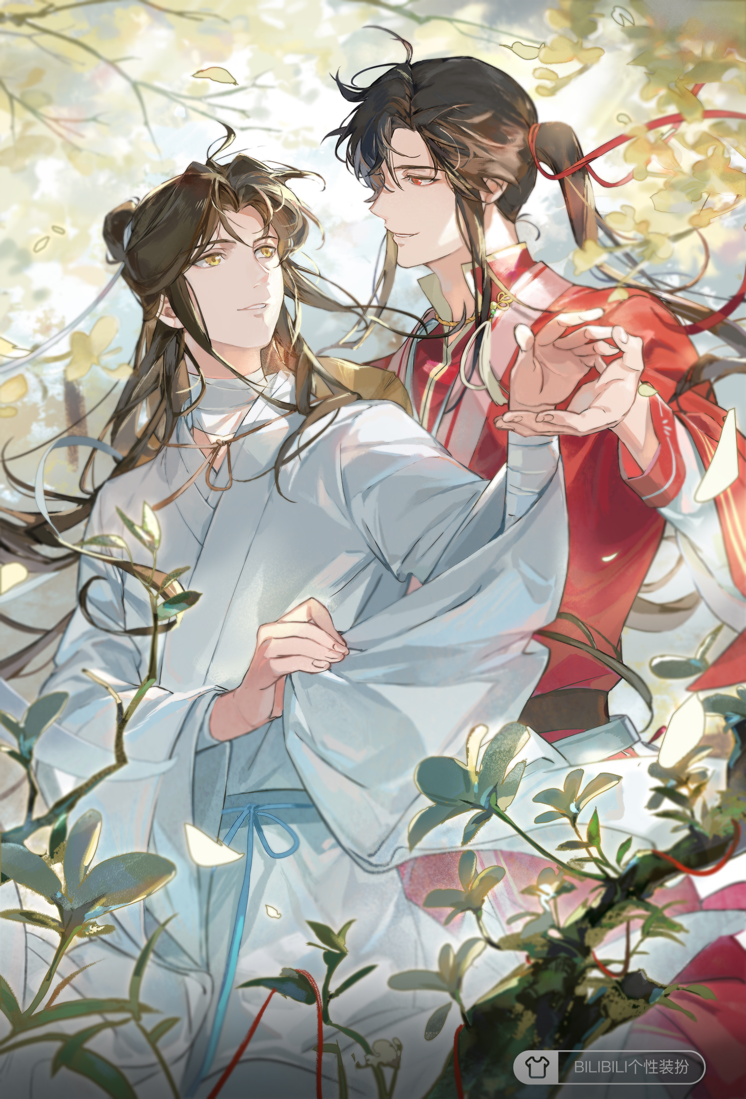 bosi tenghu, hua cheng, san lang, xie lian, tianguan cifu, chinese commentary, highres, 2boys, bandaged neck, bandaged wrist, bandages, black hair, blue sash, blurry, brown hair, chinese clothes, cowboy shot, curtained hair, dappled sunlight, depth of field, eye contact, falling petals, front-to-back, hair bun, hair ribbon, hand on another's hand, hanfu, hat, hat on back, holding sleeve, long hair, long sleeves, looking at another, looking to the side, male focus, multiple boys, official alternate costume, official alternate hairstyle, parted bangs, parted lips, petals, pinching sleeves, plant, profile, red eyes, red hanfu, red ribbon, ribbon, rice hat, sash, side ponytail, sidelocks, single hair bun, smile, standing, sunlight, tree, very long hair, waist sash, white hanfu, white ribbon, wide sleeves, yaoi, yellow eyes