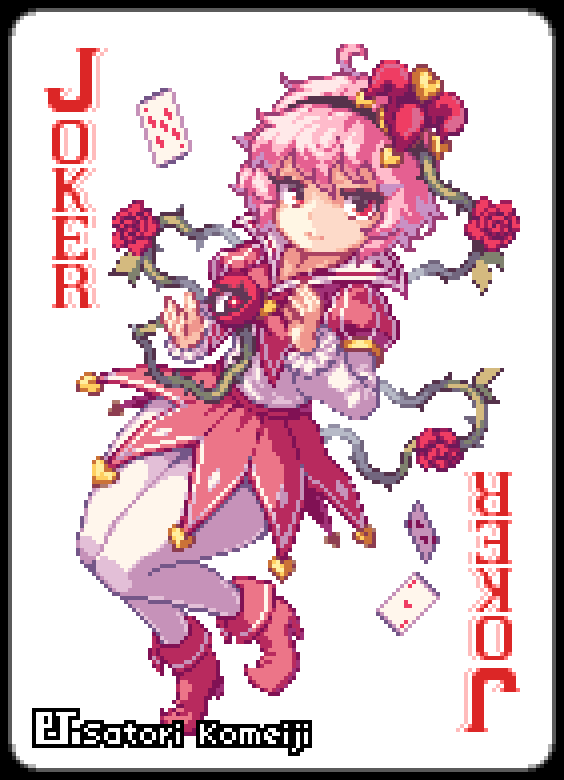 greenapple (g apple0511), komeiji satori, touhou, commentary, 1girl, alternate costume, black hairband, card, closed mouth, flower, full body, hairband, hat, heart, jester cap, joker (playing card), layered sleeves, long sleeves, looking at viewer, messy hair, pantyhose, pink flower, pink hair, pink rose, pink shoes, pink skirt, pixel art, playing card, red eyes, rose, shirt, shoes, short hair, short over long sleeves, short sleeves, simple background, skirt, smile, solo, third eye, white background, white pantyhose, white shirt