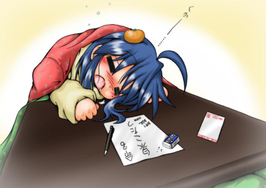 izumi konata, lucky star, translation request, 00s, 1girl, ahoge, blue hair, blush, female focus, food, fruit, kotatsu, long hair, mandarin orange, mole, mole under eye, orange (fruit), sleeping, solo, table