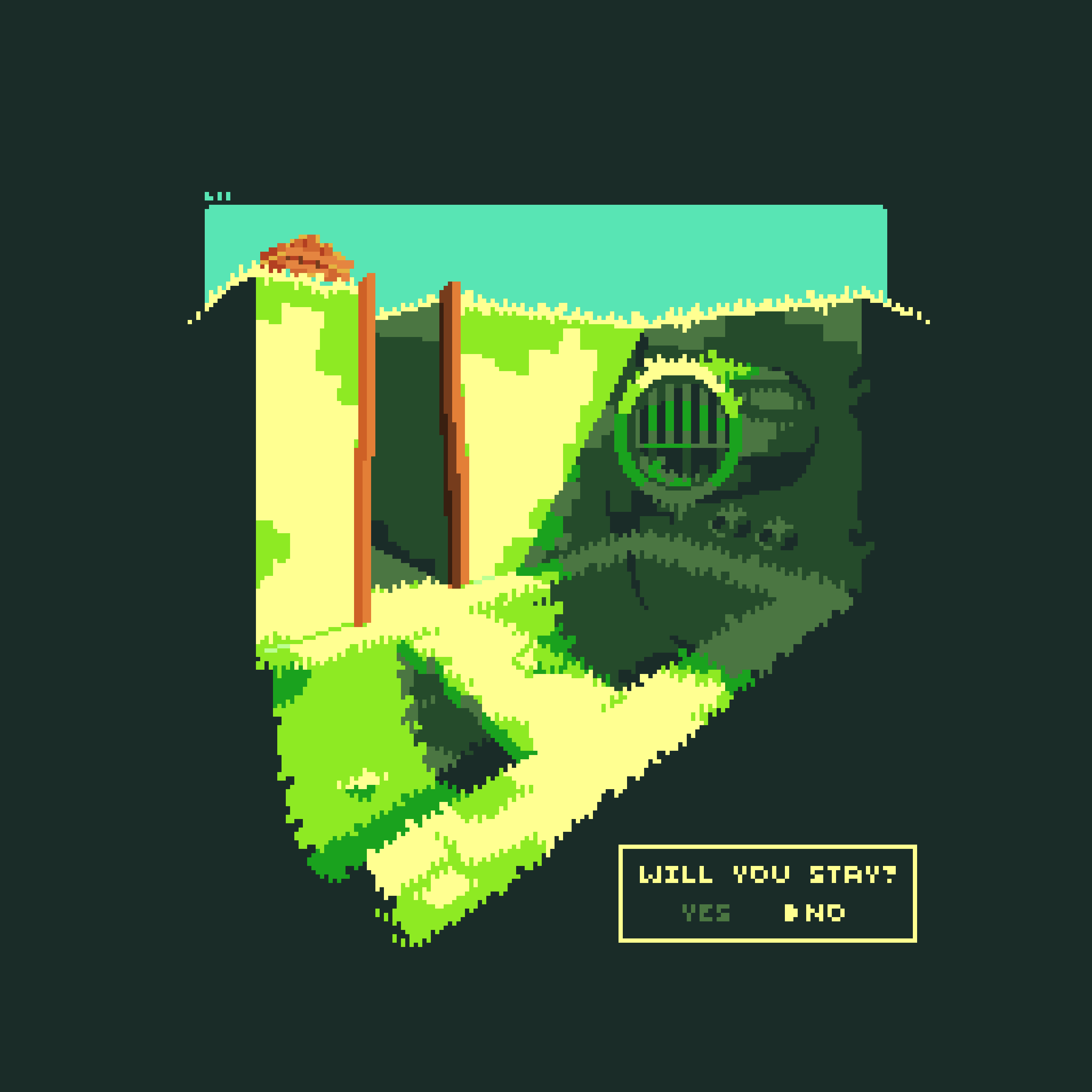 original, absurdres, highres, dialogue box, dialogue options, english text, grate, green theme, hedge maze, no humans, outdoors, pixel art, scenery, ventiquepxl