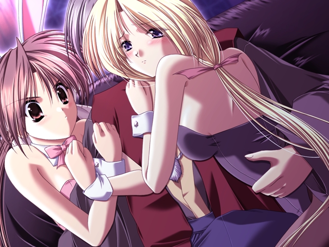 aoi hatori, garnet flair arcland, doki doki princess, arm grab, game cg, non-web source, 2girls, animal ears, blonde hair, blue eyes, brown eyes, brown hair, dutch angle, fake animal ears, long hair, multiple girls, pantyhose, playboy bunny, rabbit ears