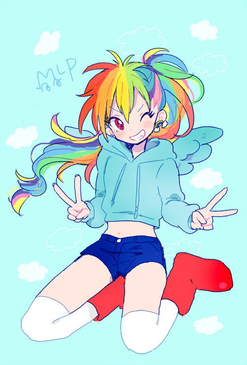 tmrn, rainbow dash, my little pony, my little pony: friendship is magic, commentary request, 1girl, blue hoodie, blue shorts, boots, cropped hoodie, double v, earrings, grin, hood, hood down, hoodie, jewelry, long hair, looking at viewer, midriff, multicolored hair, navel, one eye closed, personification, pink eyes, ponytail, rainbow earrings, rainbow hair, red boots, shorts, sitting, smile, solo, thighhighs, v, wariza, white thighhighs, wings