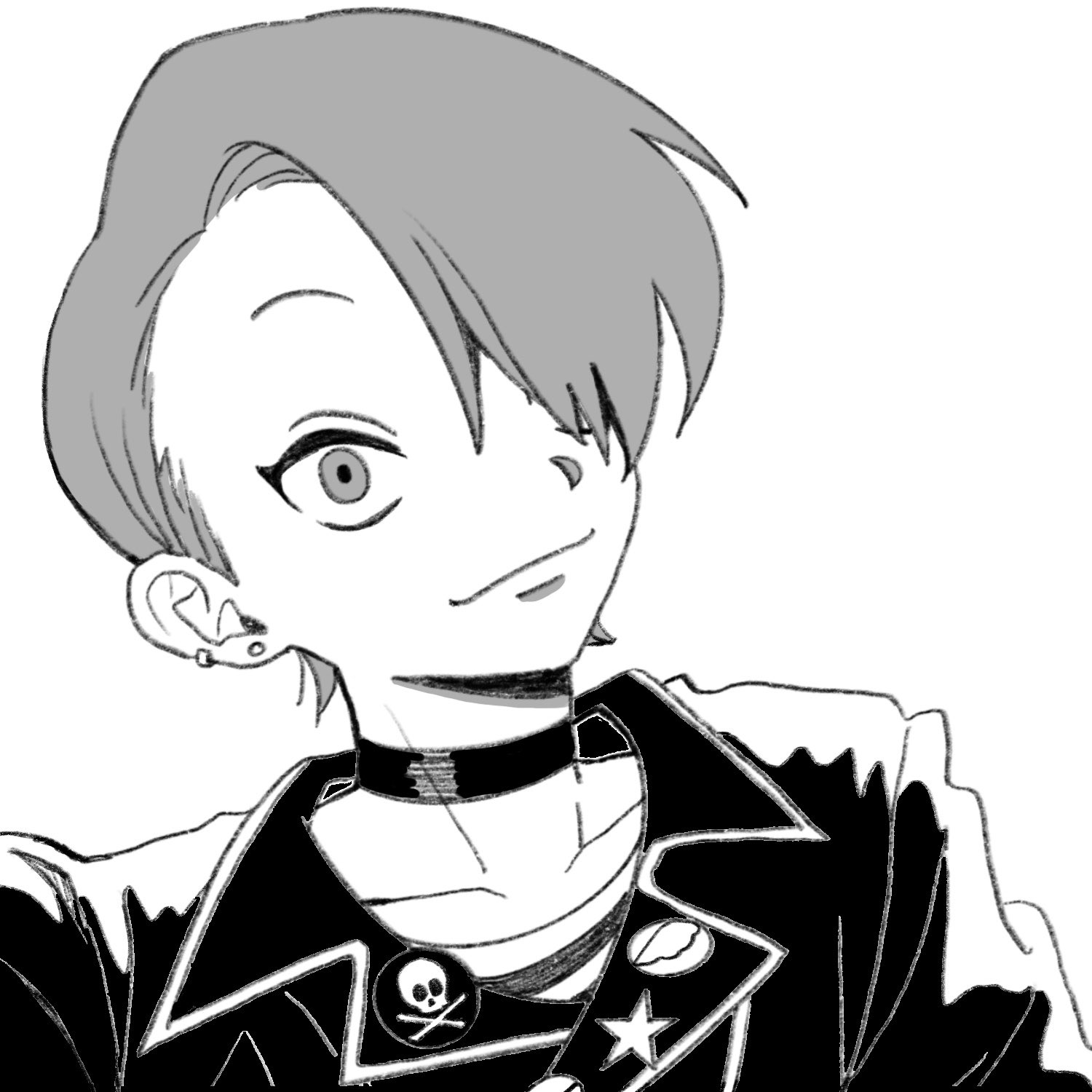 agemura sosuke, futsuu no keion-bu, commentary request, highres, 1boy, choker, closed mouth, collarbone, earrings, greyscale, hair over one eye, jacket, jewelry, lapel pin, lapels, leather, leather jacket, male focus, monochrome, notched lapels, portrait, riku (r ik1020n), short hair, skull ornament, smile, solo, star ornament