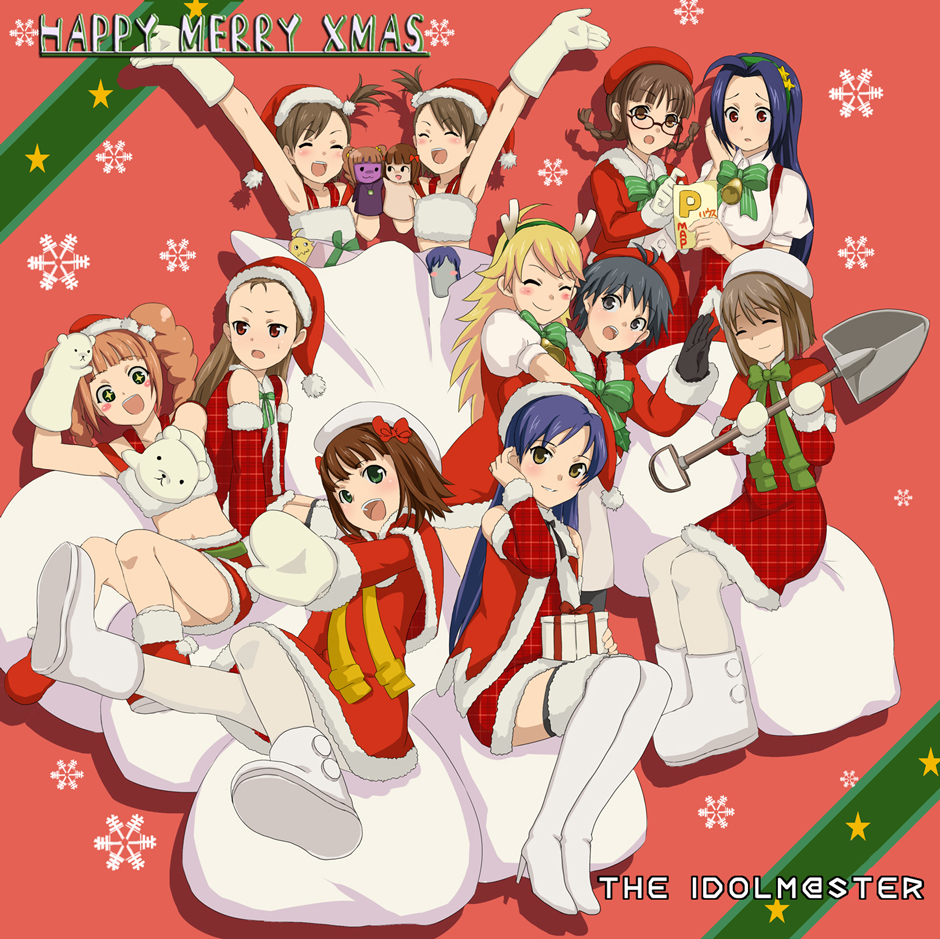 tokita arumi, amami haruka, chihacula, futami ami, futami mami, hagiwara yukiho, hoshii miki, kikuchi makoto, kisaragi chihaya, miki kuri, minase iori, miura azusa, nonowa, takatsuki yayoi, yayoi creature, idolmaster, idolmaster (classic), 00s, 6+girls, black hair, blonde hair, blue hair, blush, boots, brown hair, christmas, crop top, glasses, midriff, mittens, multiple girls, open mouth, orange hair, santa costume, shovel, siblings, sisters, smile, thighhighs, twins, twintails, worktool