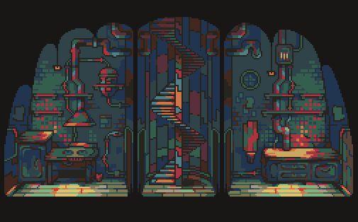 original, cable, dim lighting, dollhouse view, furnace, indoors, kitchen, lamp, lighthouse, no humans, pixel art, scenery, spiral staircase, stairs, tile wall, tiles, ventiquepxl, window, wooden floor