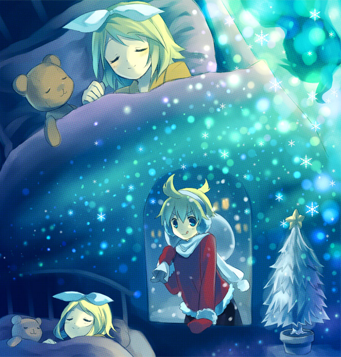 hamamo, kagamine len, kagamine rin, vocaloid, bad id, bad pixiv id, 1boy, 1girl, brother and sister, christmas, santa costume, siblings, twins