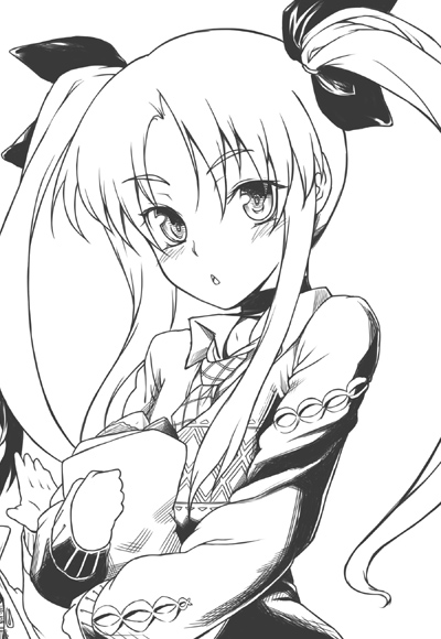 nabeshiki (rakuneko yashiki), nabeyaki neko, fate testarossa, lyrical nanoha, mahou shoujo lyrical nanoha, 00s, 1girl, :o, dress, female focus, greyscale, long hair, long sleeves, looking at viewer, monochrome, parted lips, simple background, solo, twintails, very long hair, white background