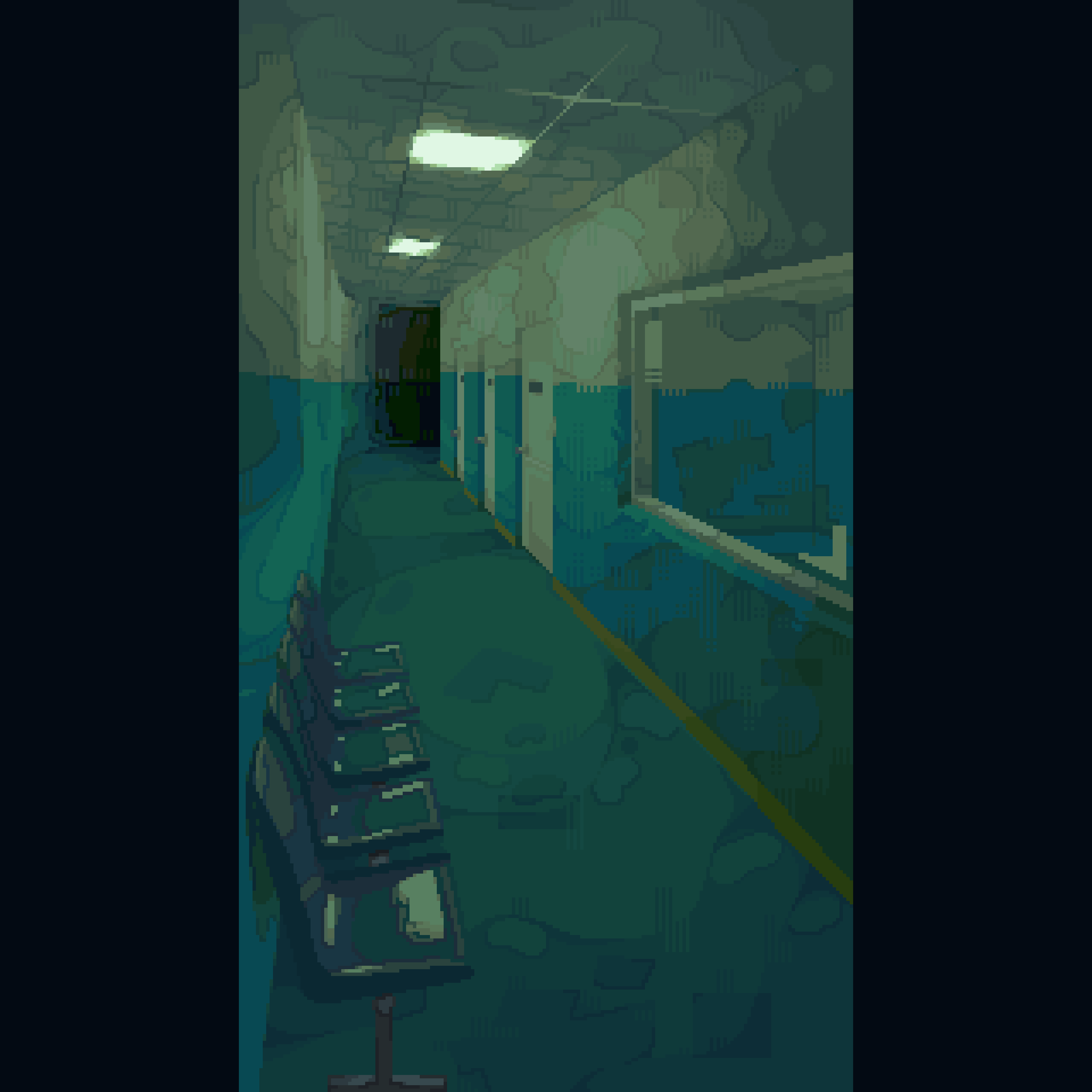 original, absurdres, highres, ceiling, ceiling light, chair, door, hallway, indoors, liminal space, no humans, pillarboxed, pixel art, scenery, tile ceiling, tiles, ventiquepxl, window