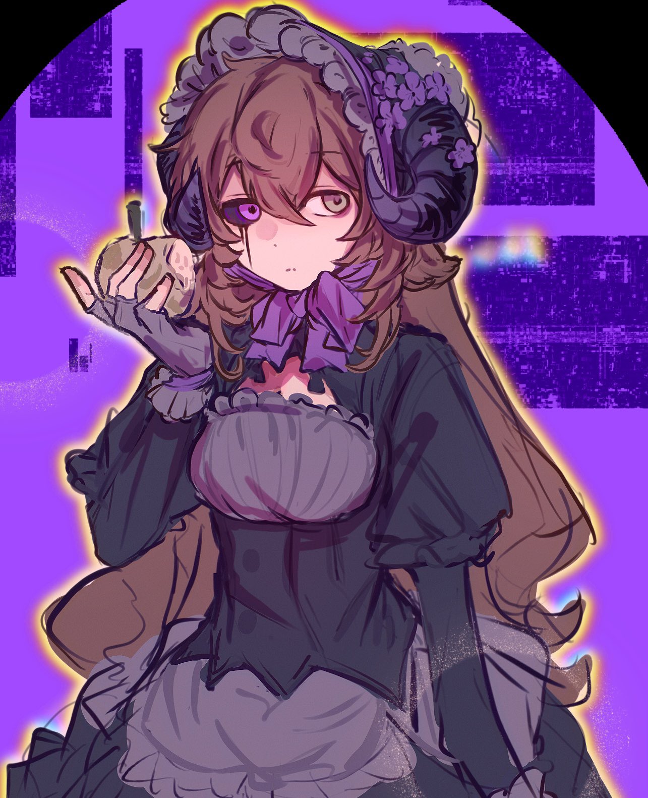 michael28472610, itzsubz, lifesteal smp, minecraft youtube, chinese commentary, commentary request, highres, 1girl, animal ears, animification, apple, black bonnet, black dress, black sclera, bonnet, bow, brown hair, colored sclera, dress, expressionless, flower, food, fruit, genderswap, genderswap (mtf), glitch, gothic lolita, green eyes, hair flower, hair ornament, heterochromia, holding, holding food, holding fruit, horns, juliet sleeves, lolita fashion, long hair, long sleeves, looking at viewer, mismatched sclera, puffy sleeves, purple bow, purple eyes, purple flower, sheep ears, sheep girl, sheep horns, solo, very long hair