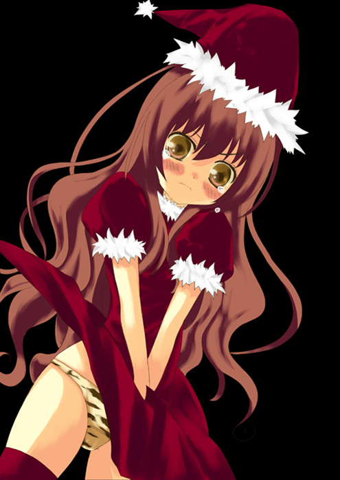 nagakura maki, aisaka taiga, toradora!, 00s, 1girl, christmas, clothes lift, female focus, santa costume, skirt, skirt lift, solo, thighhighs