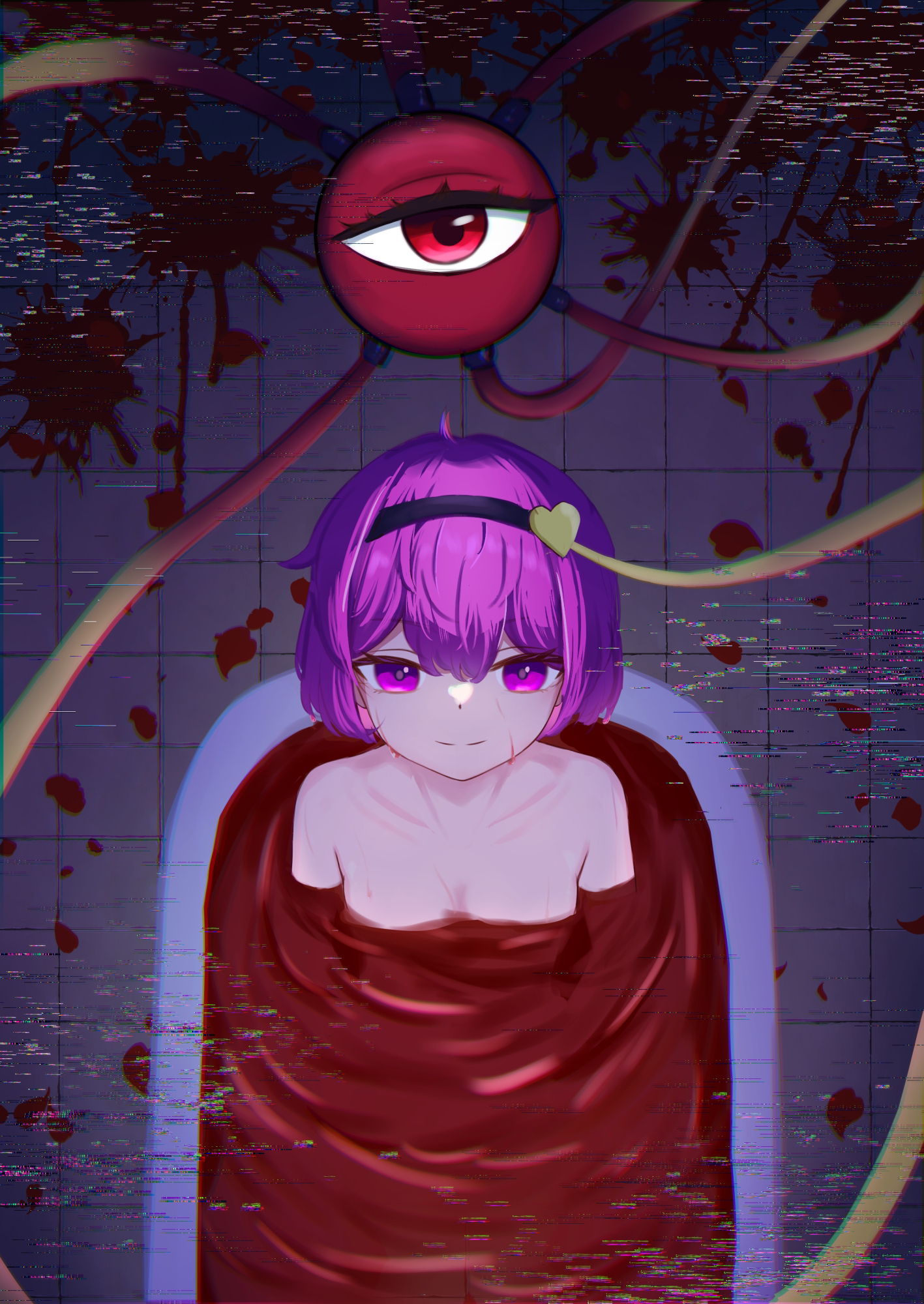 ritu (ri tu49), komeiji satori, touhou, commentary request, highres, 1girl, bath, bath of blood, bathtub, black hairband, blood, blood on face, breasts, closed mouth, collarbone, eyeball, glitch, hairband, looking at viewer, nude, pink eyes, pink hair, ripples, smile, solo, third eye
