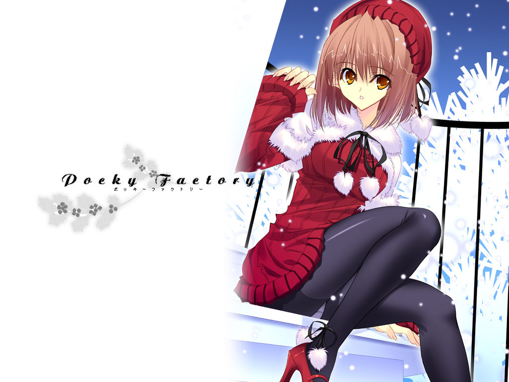 kobayashi chisato, original, 1girl, arm up, beret, black pantyhose, boots, brown hair, christmas, female focus, fence, hat, high heel boots, high heels, knee up, long hair, long sleeves, looking at viewer, pantyhose, pom pom (clothes), santa costume, short hair, sitting, solo