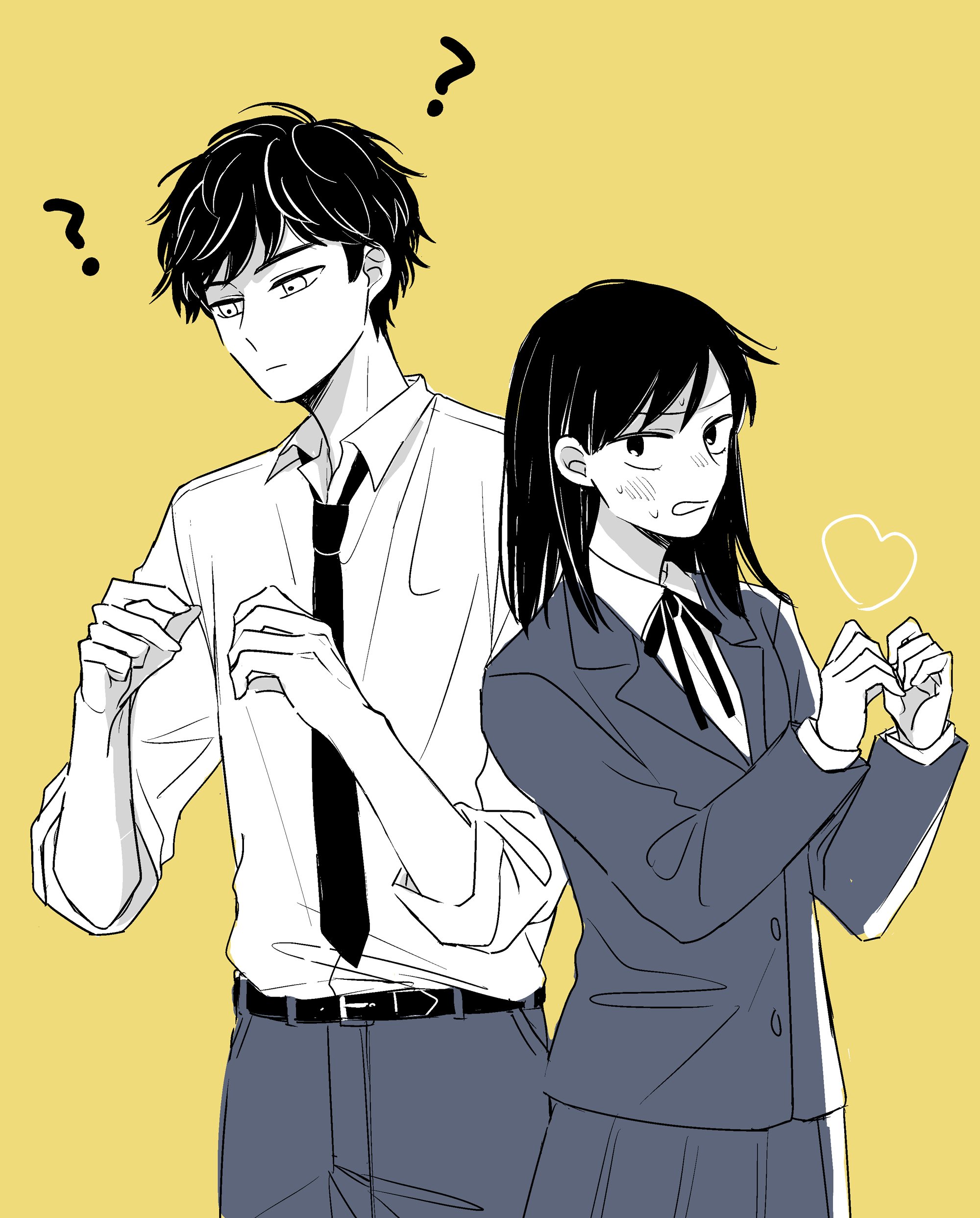 robomi, hatono chihiro, mizuo haruichi, futsuu no keion-bu, absurdres, highres, 1boy, 1girl, :|, ?, belt, blazer, blush, closed mouth, collared dress, confused, cowboy shot, dress, dress shirt, greyscale with colored background, hands up, heart, heart hands, height difference, jacket, lapels, medium hair, neck ribbon, necktie, notched lapels, pants, pleated skirt, ribbon, school uniform, shirt, shirt tucked in, short hair, simple background, skirt, small sweatdrop, wing collar, yellow background