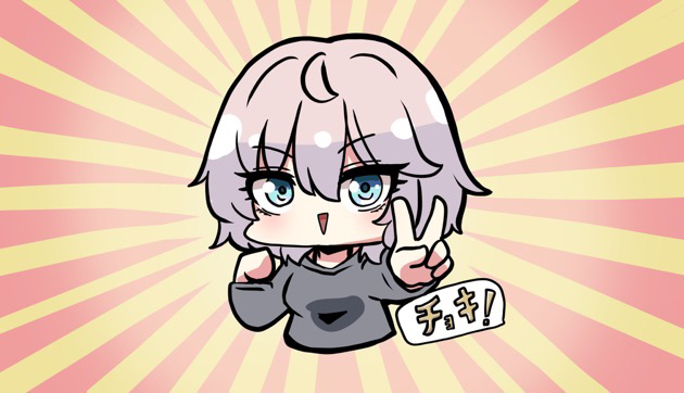 kawamochi (kawauti919), anastasia (idolmaster), idolmaster, idolmaster cinderella girls, translation request, 1girl, :>, blue eyes, breasts, chibi, cropped torso, grey hair, grey shirt, hair between eyes, hand up, long sleeves, looking at viewer, medium breasts, outstretched arm, parted lips, shirt, smile, solo, sunburst, sunburst background, triangle mouth, upper body, v, v-shaped eyebrows