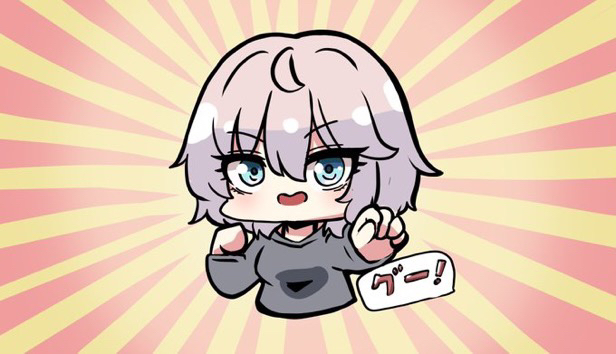 kawamochi (kawauti919), anastasia (idolmaster), idolmaster, idolmaster cinderella girls, translation request, 1girl, blue eyes, breasts, chibi, clenched hand, cropped torso, grey hair, grey shirt, hair between eyes, hand up, long sleeves, looking at viewer, medium breasts, open mouth, outstretched arm, shirt, solo, sunburst, sunburst background, upper body, v-shaped eyebrows