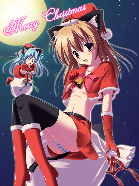 yoshiharu, original, 2girls, animal ears, breasts, cat ears, christmas, flapper shirt, full moon, gloves, midriff, mini person, minigirl, moon, multiple girls, no bra, panties, pantyshot, red gloves, shirt, small breasts, striped clothes, striped panties, thighhighs, underboob, underwear