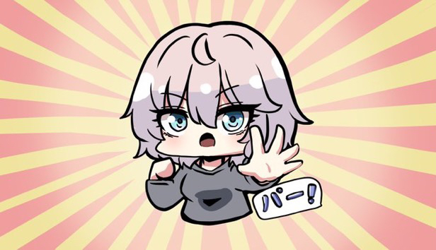 kawamochi (kawauti919), anastasia (idolmaster), idolmaster, idolmaster cinderella girls, translation request, 1girl, :o, blue eyes, breasts, chibi, cropped torso, grey hair, grey shirt, hair between eyes, hand up, long sleeves, looking at viewer, medium breasts, open hand, open mouth, outstretched arm, shirt, solo, spread fingers, sunburst, sunburst background, upper body, v-shaped eyebrows